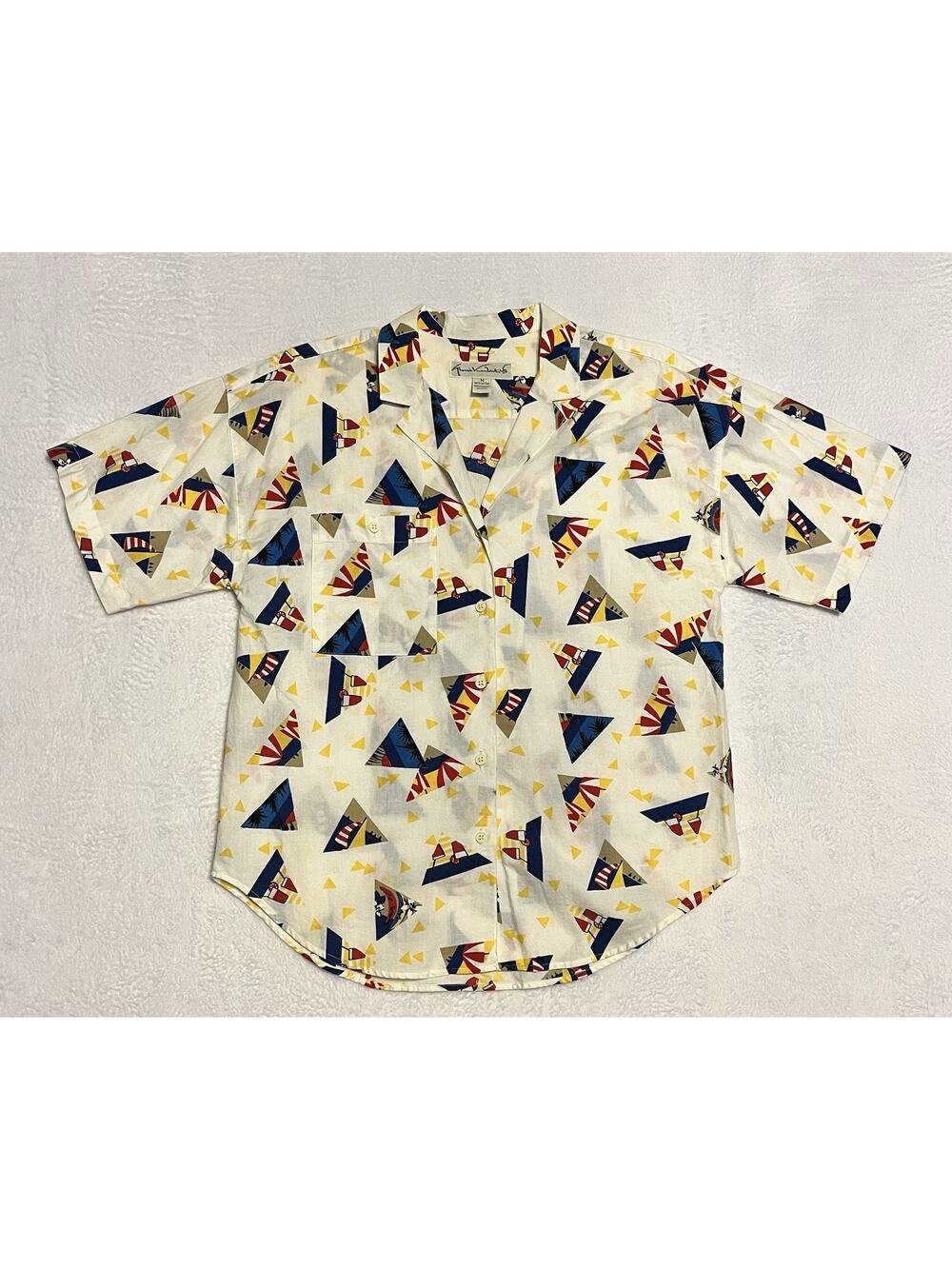 Vintage 80s Gloria Vanderbilt Beach Shirt Women’s Size M Vtg White Triangles